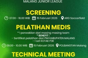 Poster pengumuman Malang Junior League: screening, pelatihan medis bersertifikat PMI, dan technical meeting pada 15 Februari 2026 di ARG Soccerfield dan Polbangtan Malang.