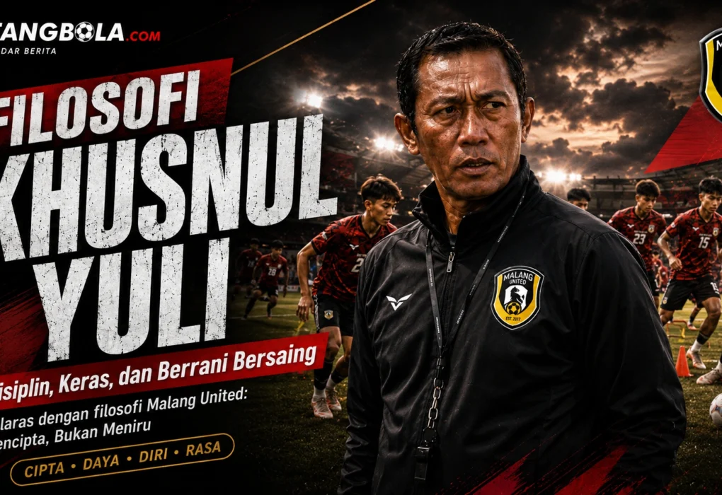 Poster tentang filosofi Khusnul Yuli di Malang United yang menekankan disiplin, kerja keras, dan keberanian bersaing
