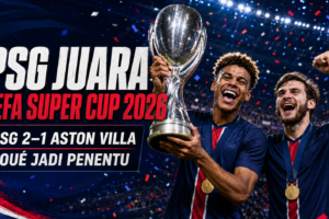 Pemain Paris Saint-Germain merayakan gelar UEFA Super Cup 2026 setelah mengalahkan Aston Villa 2-1.