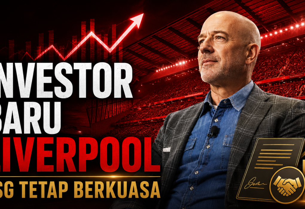 Grafis seorang investor di depan stadion merah dengan simbol transaksi untuk artikel saham minoritas Liverpool.