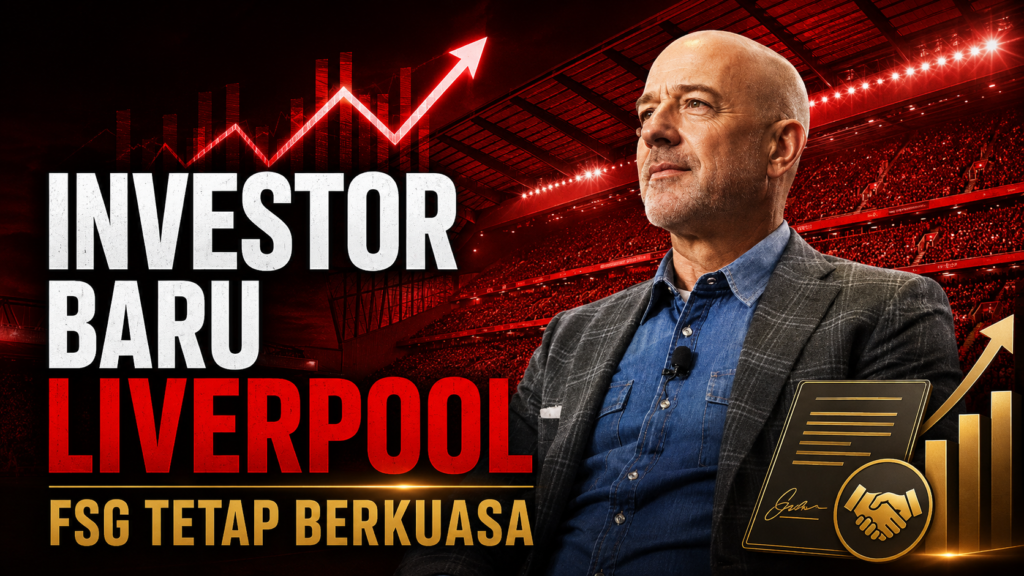 Grafis seorang investor di depan stadion merah dengan simbol transaksi untuk artikel saham minoritas Liverpool.