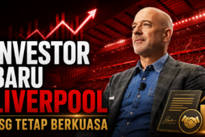 Grafis seorang investor di depan stadion merah dengan simbol transaksi untuk artikel saham minoritas Liverpool.