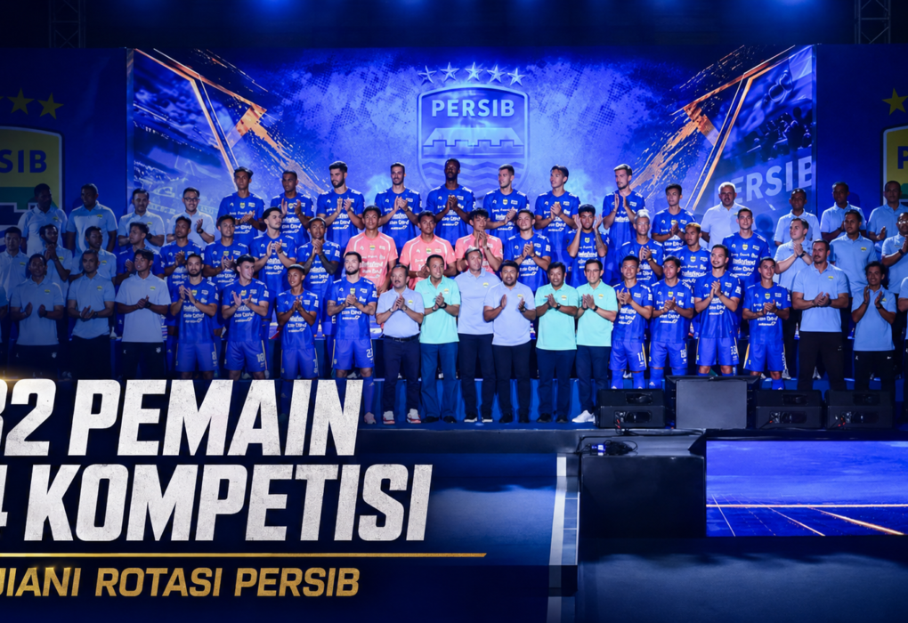 Skuad Persib Bandung dalam peluncuran tim musim 2026/27 dengan grafis 32 pemain untuk empat kompetisi.