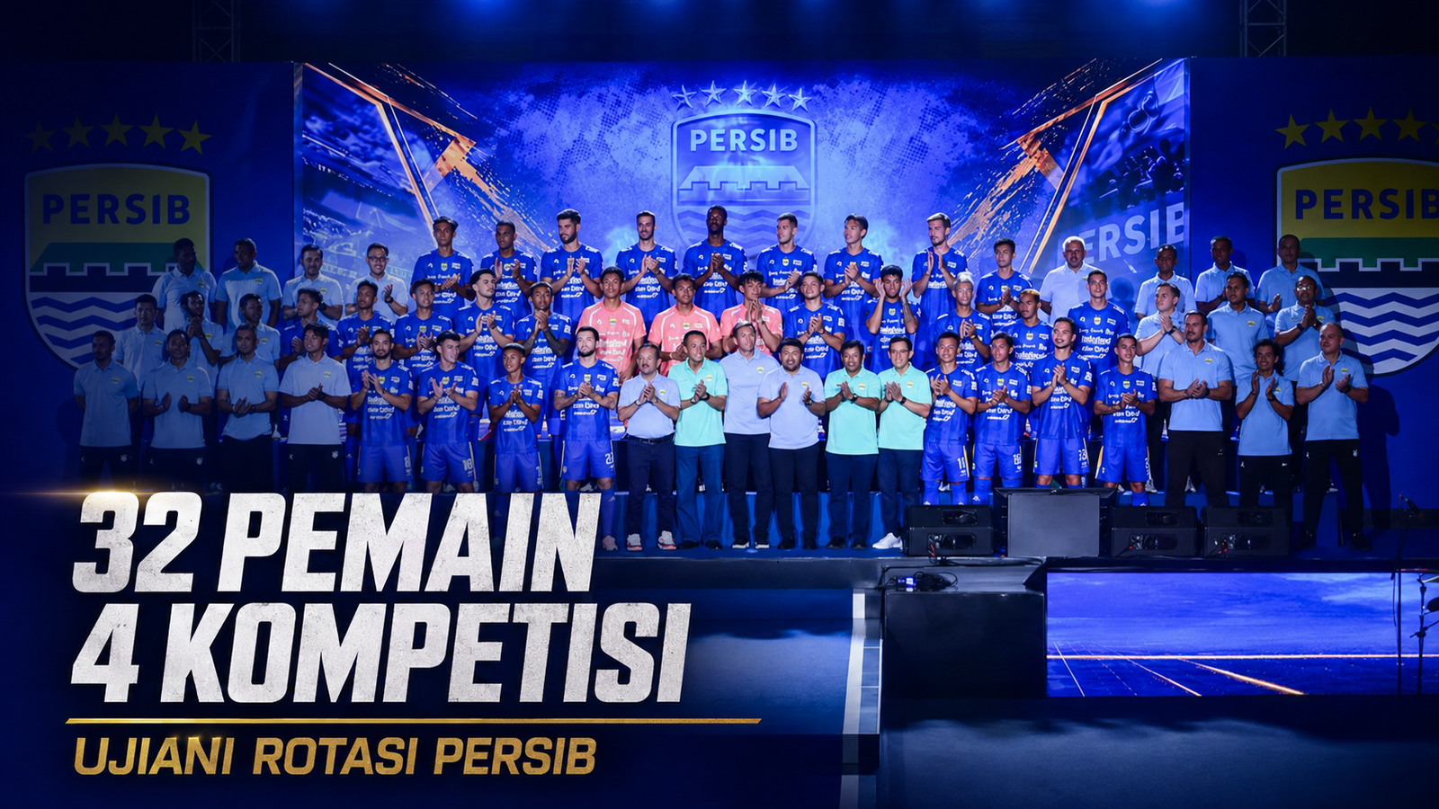 Skuad Persib Bandung dalam peluncuran tim musim 2026/27 dengan grafis 32 pemain untuk empat kompetisi.