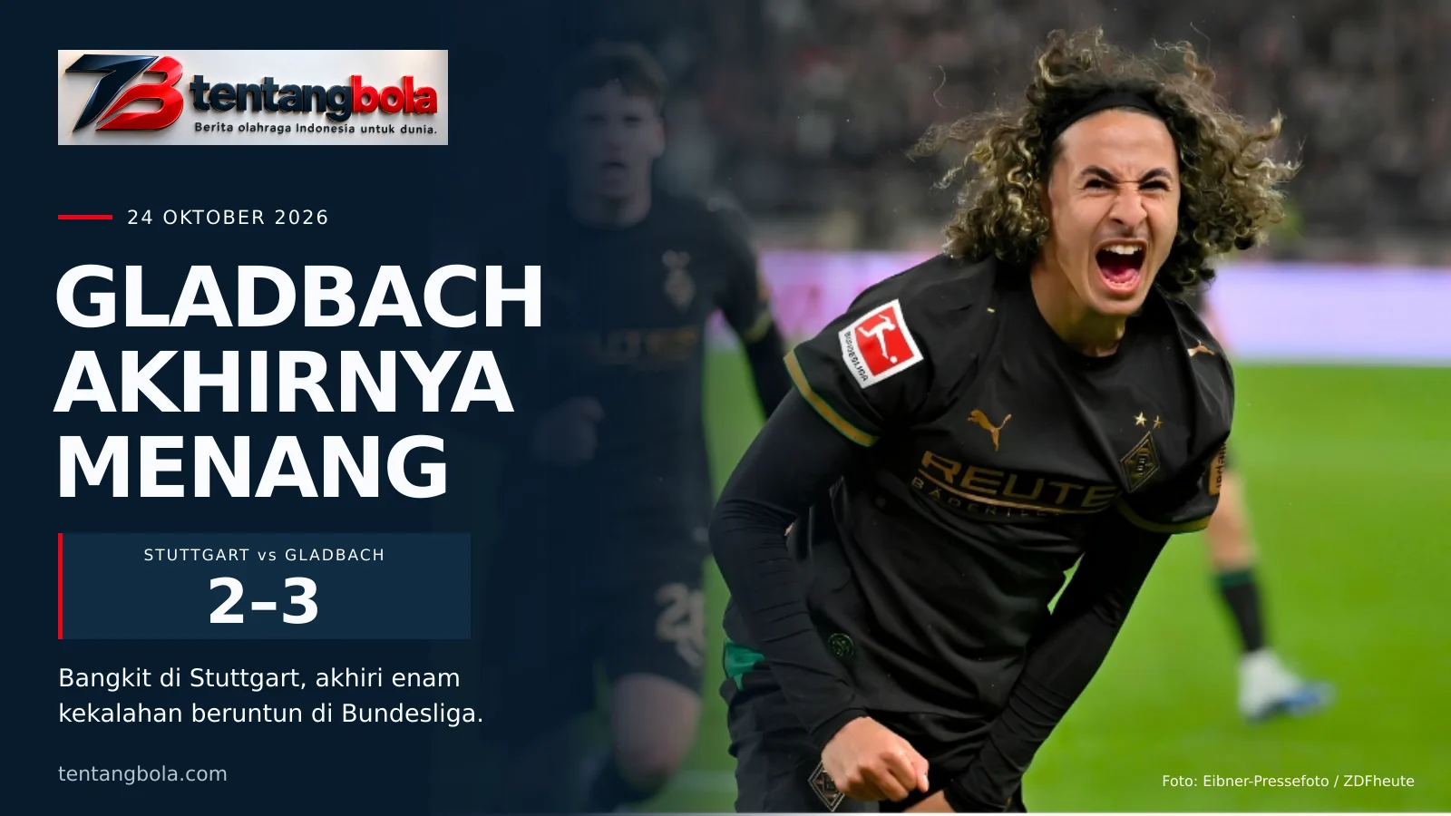 Wael Mohya berselebrasi dalam kemenangan Borussia Mönchengladbach 3–2 atas VfB Stuttgart.