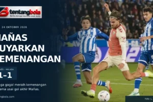 Adrián Niño menembak di antara pemain Alavés dalam laga yang berakhir 1–1 di Mendizorroza, 23 Oktober 2026.