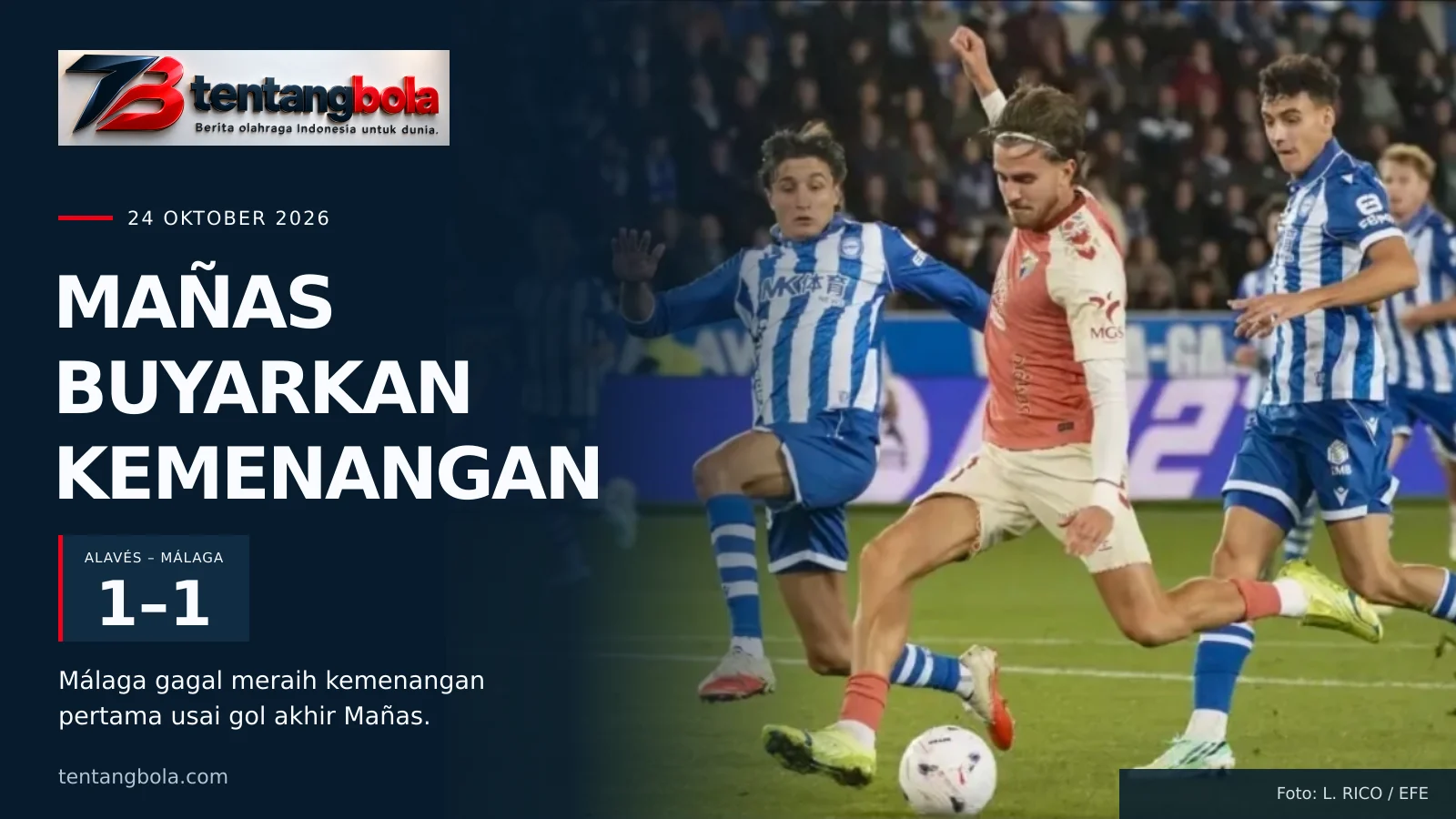 Adrián Niño menembak di antara pemain Alavés dalam laga yang berakhir 1–1 di Mendizorroza, 23 Oktober 2026.