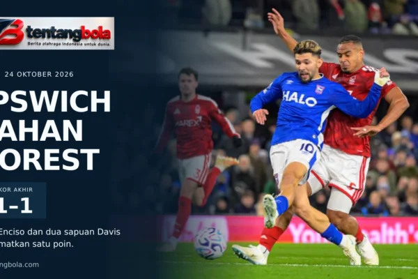 Desain berita TentangBola tentang hasil Ipswich Town 1-1 Nottingham Forest dengan foto pemain dan logo TentangBola