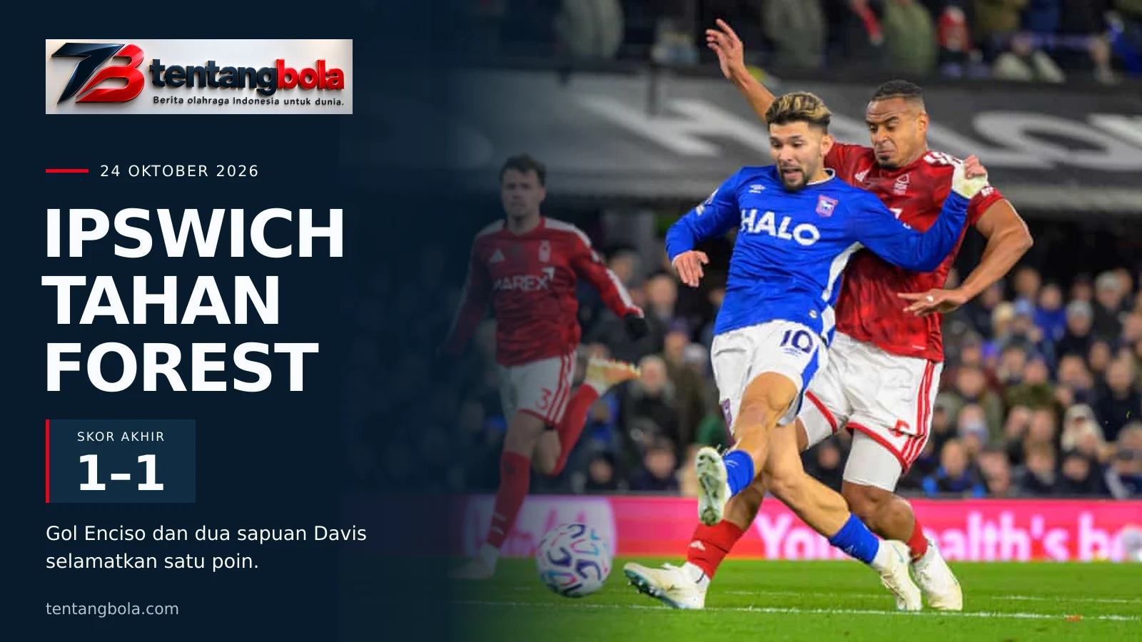 Desain berita TentangBola tentang hasil Ipswich Town 1-1 Nottingham Forest dengan foto pemain dan logo TentangBola