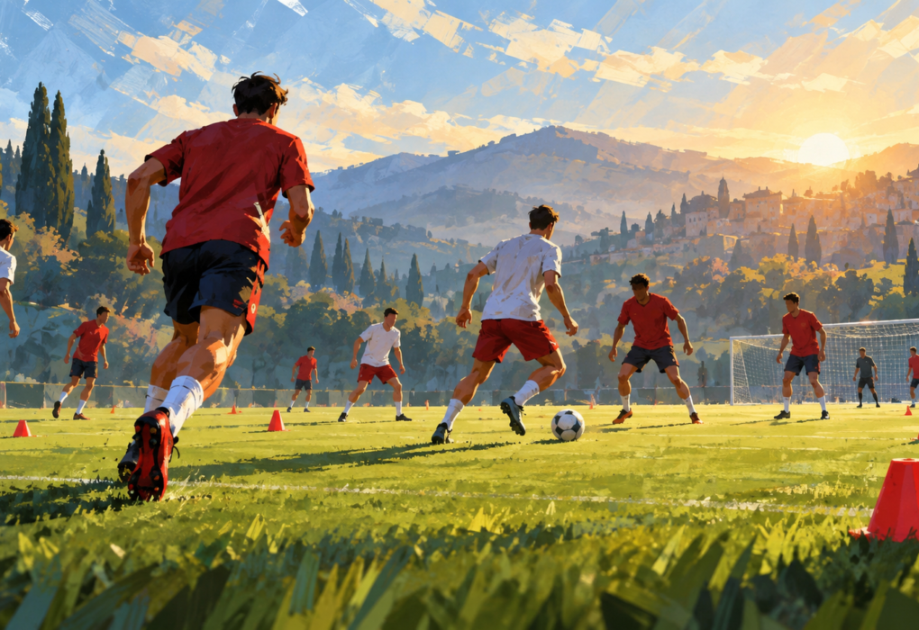 Ilustrasi pemain anonim berlatih sepak bola di lapangan pada pagi hari.