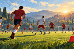 Ilustrasi pemain anonim berlatih sepak bola di lapangan pada pagi hari.