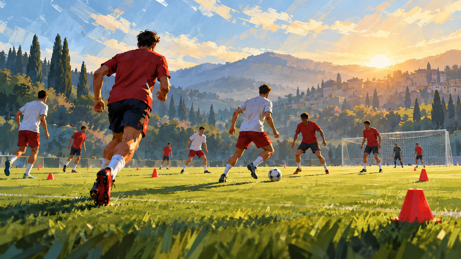 Ilustrasi pemain anonim berlatih sepak bola di lapangan pada pagi hari.