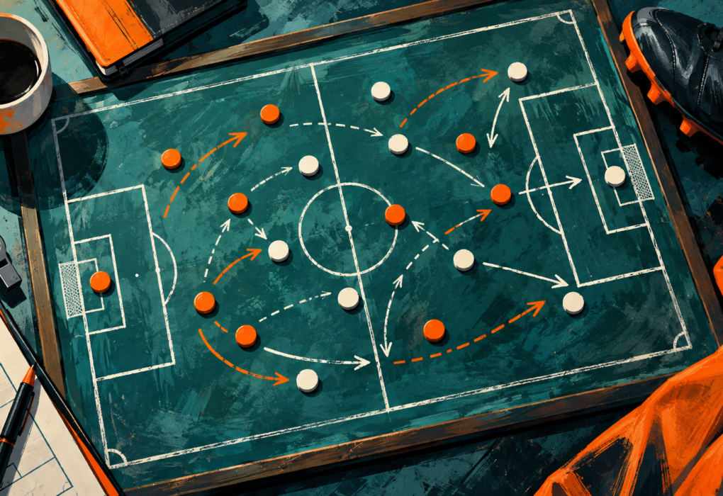 Ilustrasi papan taktik sepak bola dengan penanda pemain dan arah pergerakan.