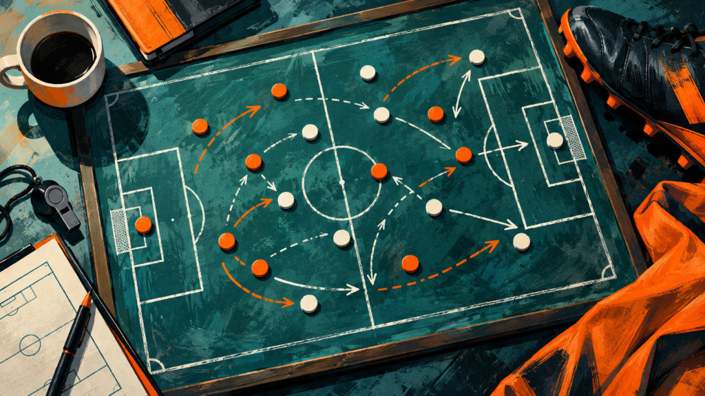 Ilustrasi papan taktik sepak bola dengan penanda pemain dan arah pergerakan.