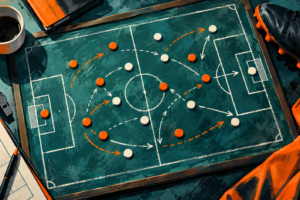 Ilustrasi papan taktik sepak bola dengan penanda pemain dan arah pergerakan.