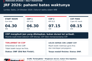 Infografik batas waktu half marathon JRF 2026, 24 Oktober: start 04.30 WIB; COP 1 KM 10,5 pukul 06.30; COP 2 KM 15,5 pukul 07.15; COT finis 08.15. COP mengikuti jam, bukan durasi pribadi. Terlambat COP wajib berhenti; lolos semua COP tetapi lewat COT boleh finis tanpa medali. Keduanya DNF.