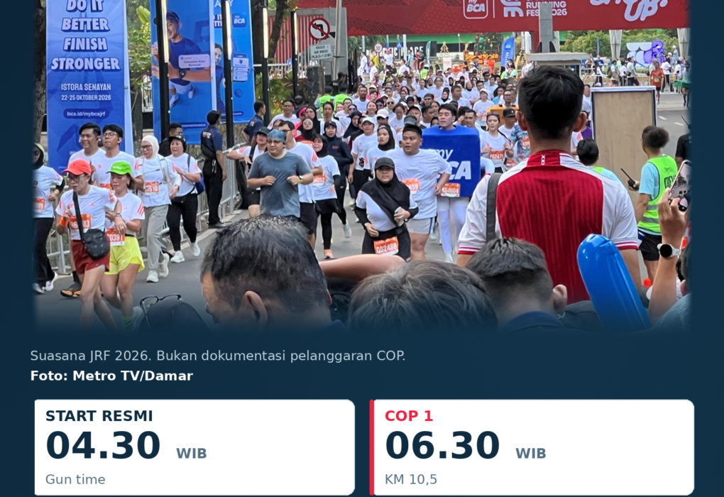 Foto suasana pelari Jakarta Running Festival 2026 dengan infografik aturan half marathon: start 04.30 WIB, COP 1 KM 10,5 pukul 06.30, COP 2 KM 15,5 pukul 07.15, dan COT finis 08.15. Foto bukan dokumentasi kejadian di barikade. Foto: Metro TV/Damar; infografik: TentangBola.
