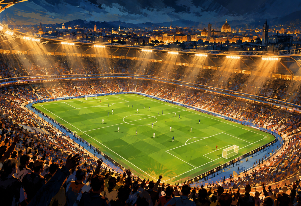 Ilustrasi stadion sepak bola pada malam hari dengan lapangan hijau dan lampu sorot.