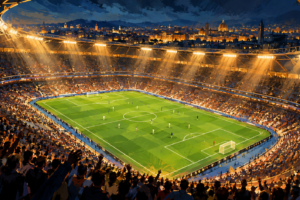 Ilustrasi stadion sepak bola pada malam hari dengan lapangan hijau dan lampu sorot.