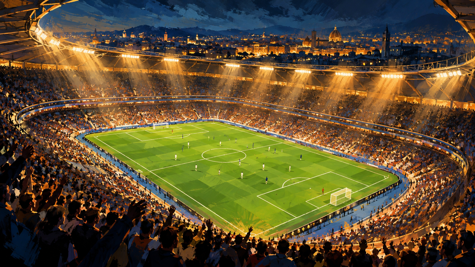 Ilustrasi stadion sepak bola pada malam hari dengan lapangan hijau dan lampu sorot.