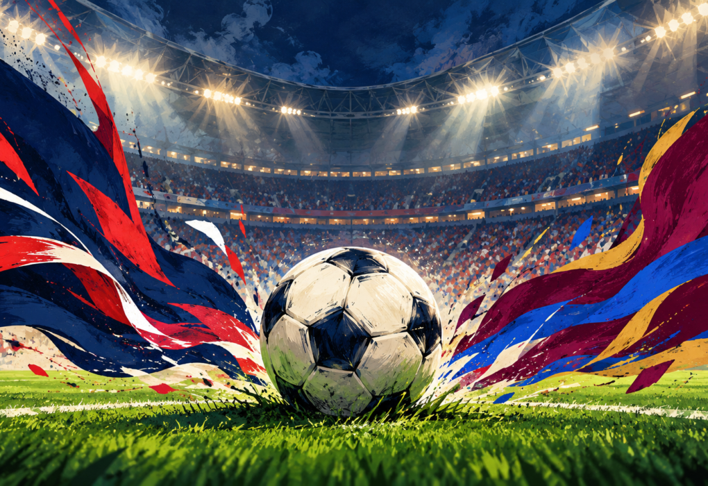 Ilustrasi bola di stadion dengan perpaduan warna biru-merah PSG dan marun-biru Barcelona.