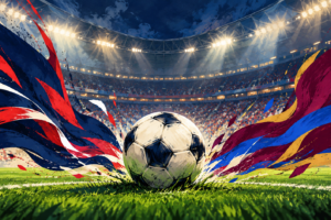 Ilustrasi bola di stadion dengan perpaduan warna biru-merah PSG dan marun-biru Barcelona.