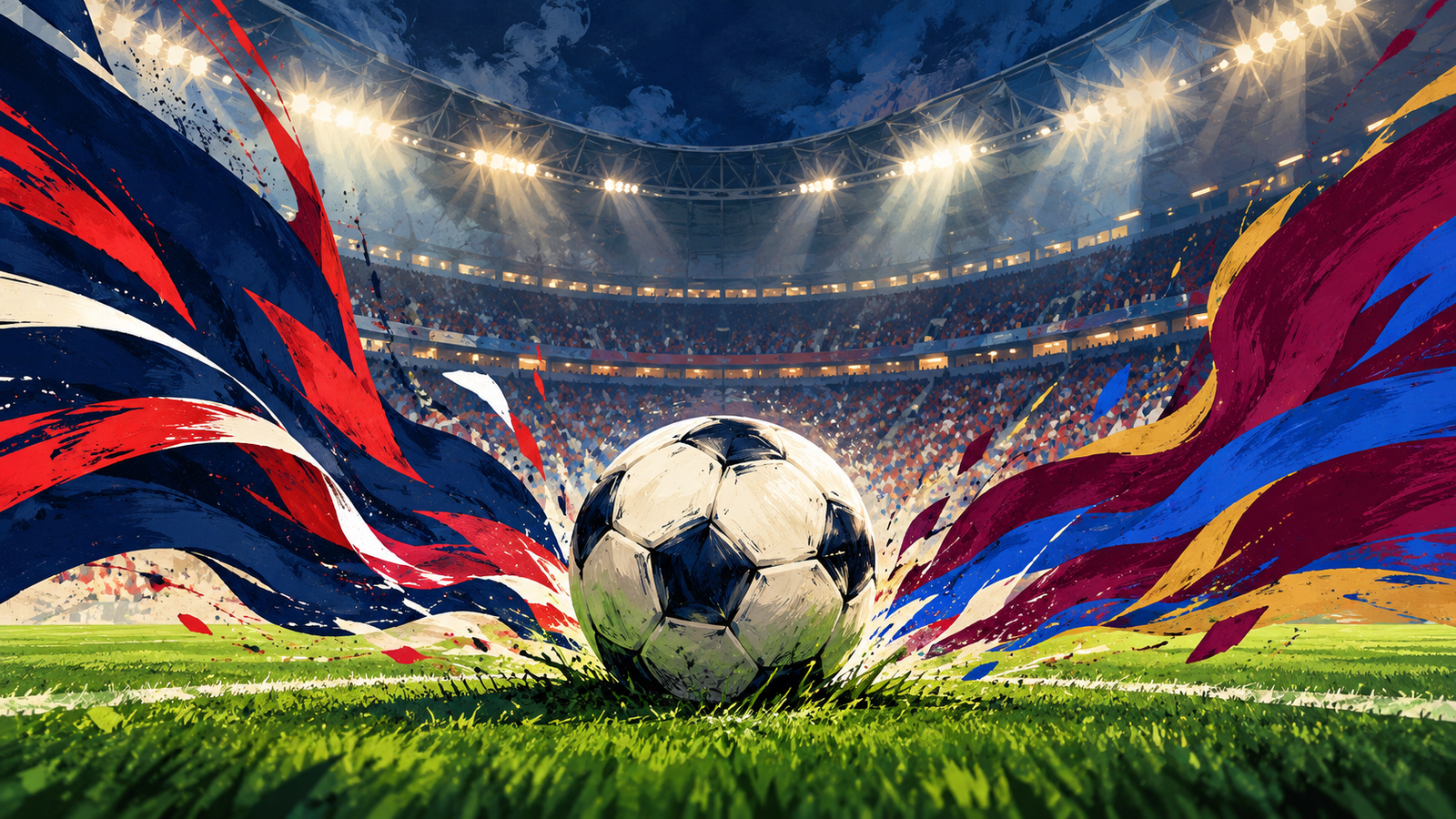 Ilustrasi bola di stadion dengan perpaduan warna biru-merah PSG dan marun-biru Barcelona.