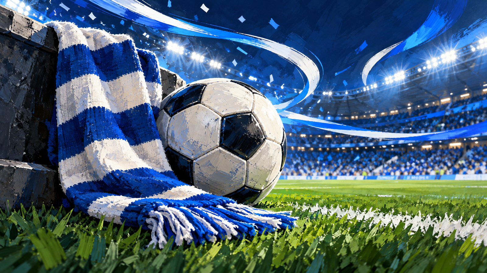 Ilustrasi syal biru putih dan bola di tepi lapangan dengan cahaya stadion.